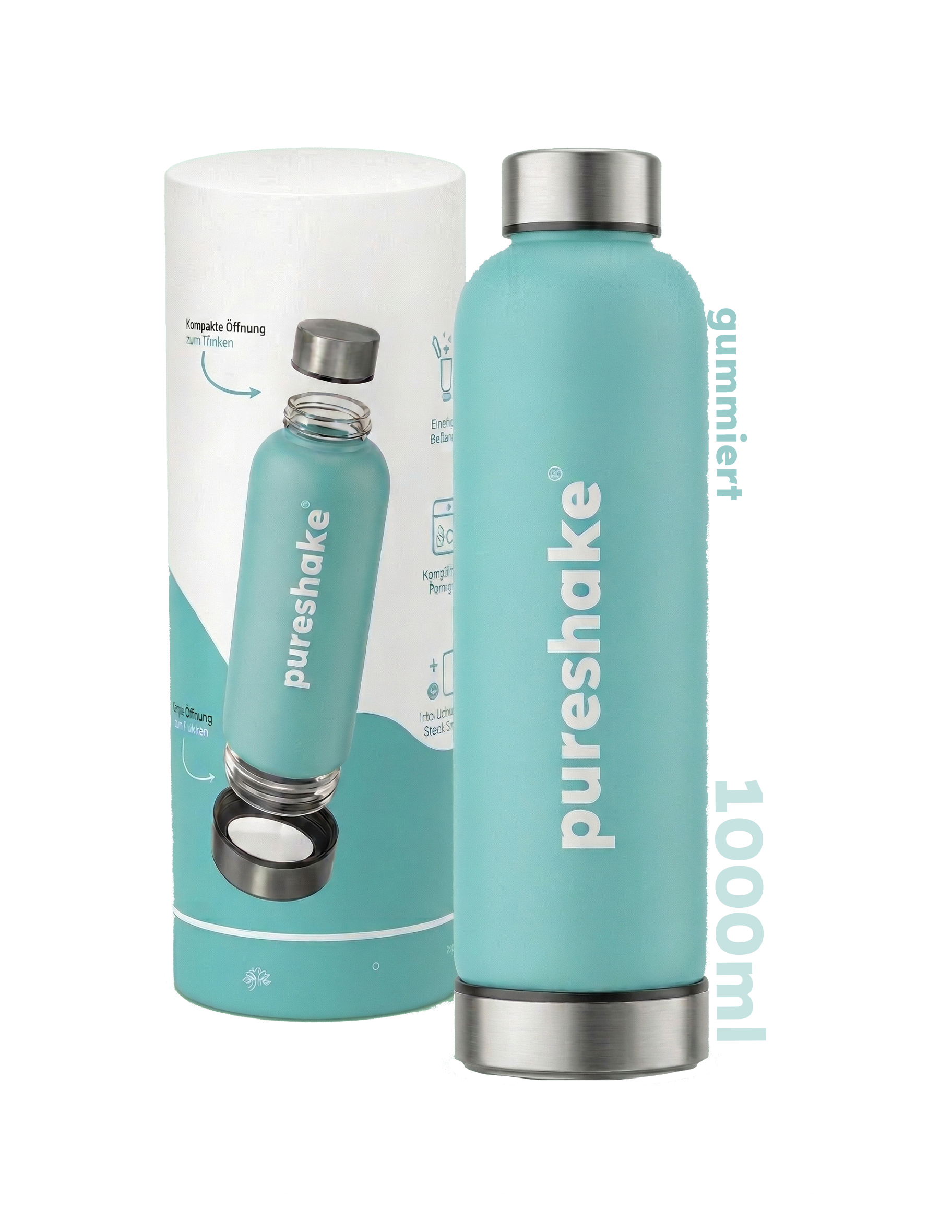 pureshake® GLASFLASCHE • easyClean | 1000ml | Türkis GUMMIERT
