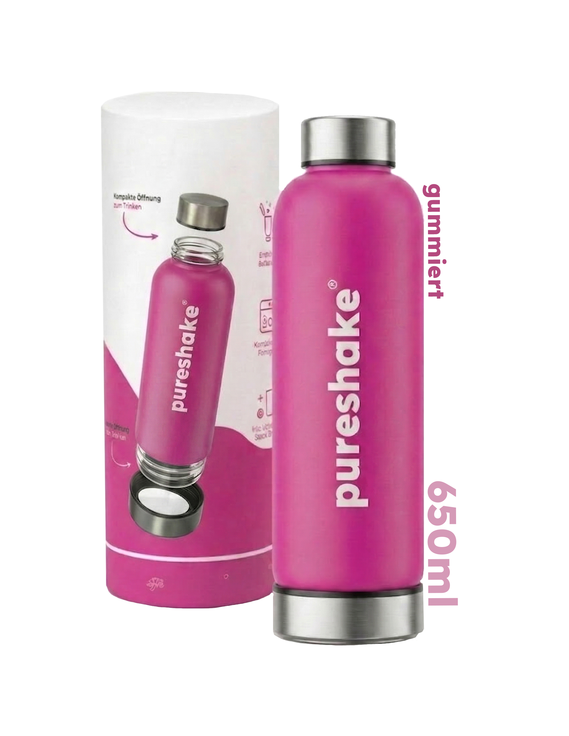 pureshake® GLASFLASCHE • easyClean | 650ml | Pink GUMMIERT