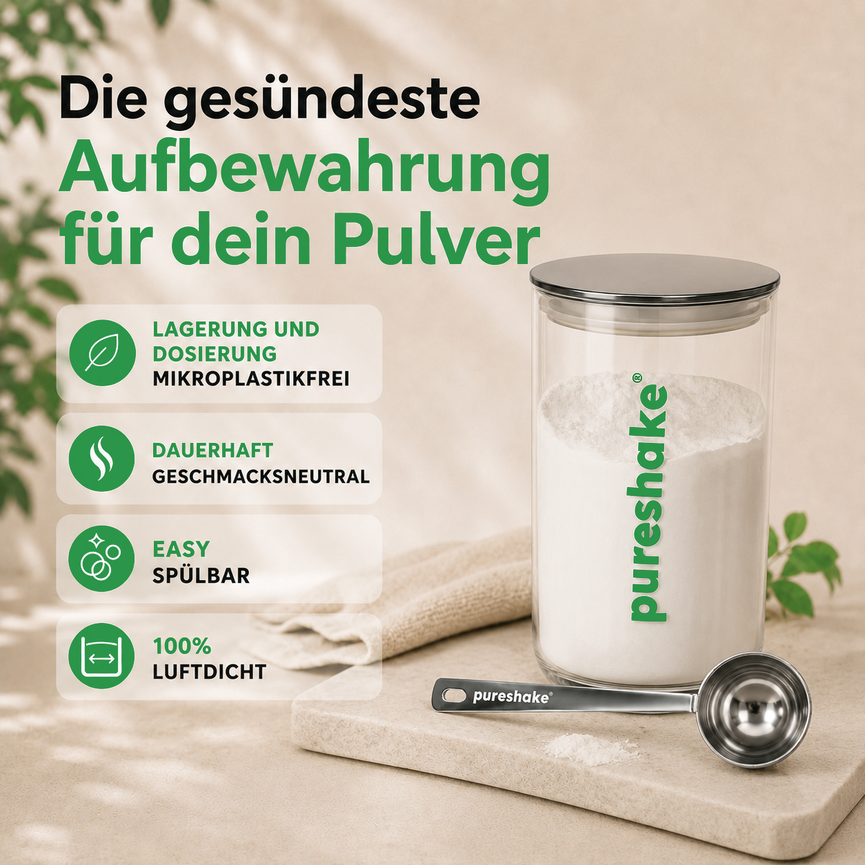 pureshake® STORAGE | GLASSDOSE + EDELSTAHLDOSIERLÖFFEL