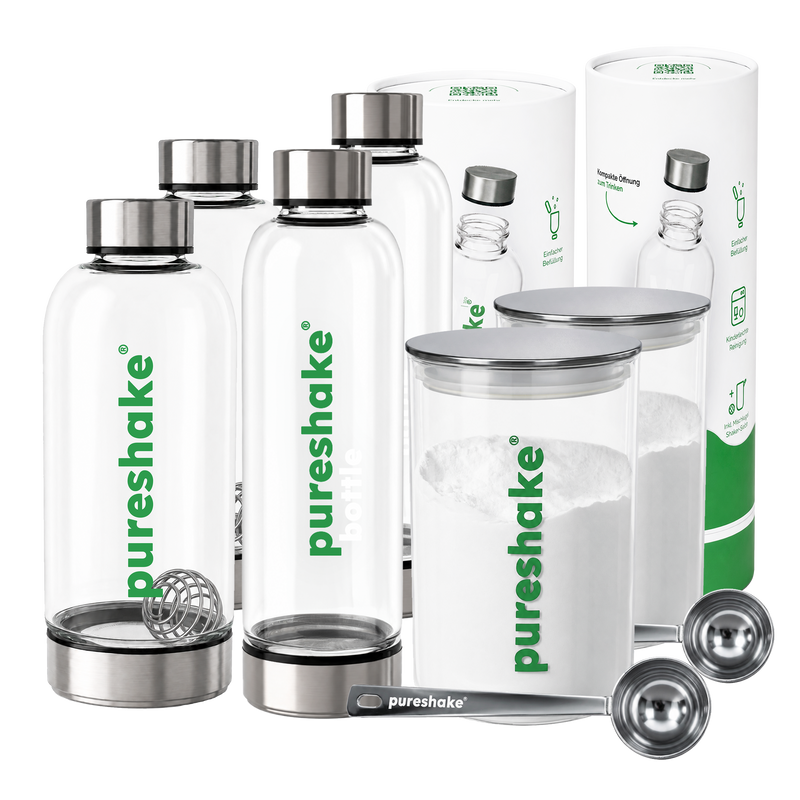 pureshake® FULL-FAMILY-SET | 2x Glasshaker, 2x Vorratsdose, 2x Trinkflasche 650ml