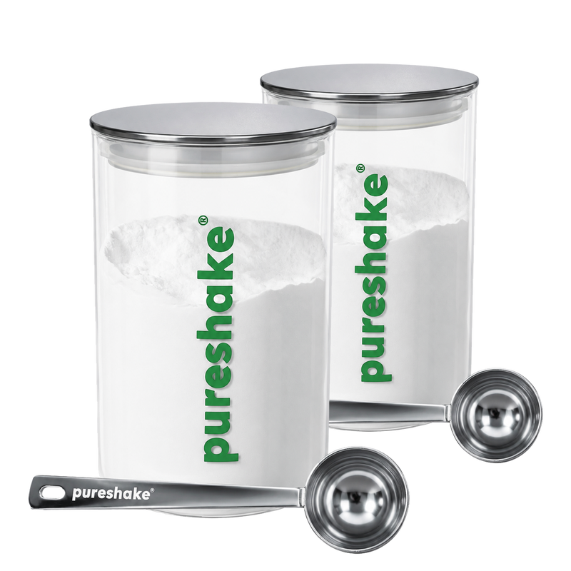 pureshake® DOUBLE-STORAGE | 2x GLASSDOSE + 2x EDELSTAHLDOSIERLÖFFEL