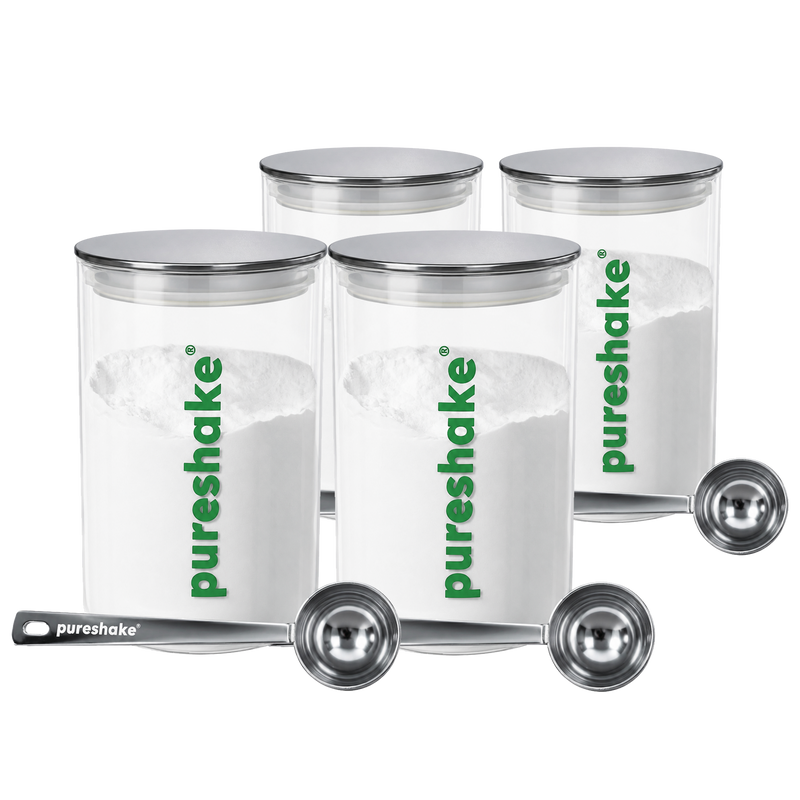 pureshake® FAMILY-STORAGE | 4x GLASSDOSE + 4x EDELSTAHLDOSIERLÖFFEL