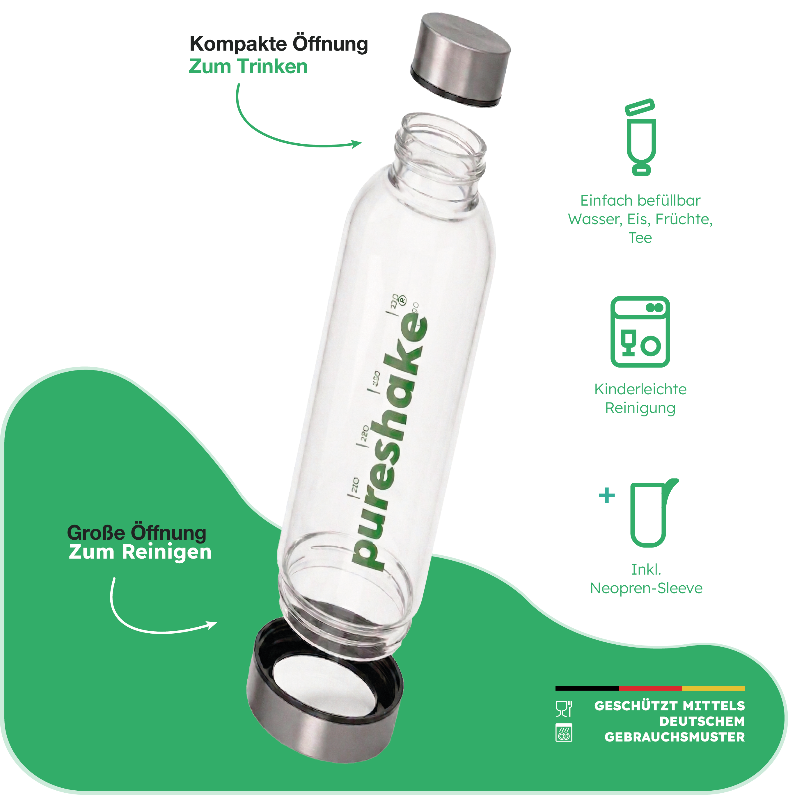 pureshake® GLASFLASCHE • easyClean | 1000ml | Grün